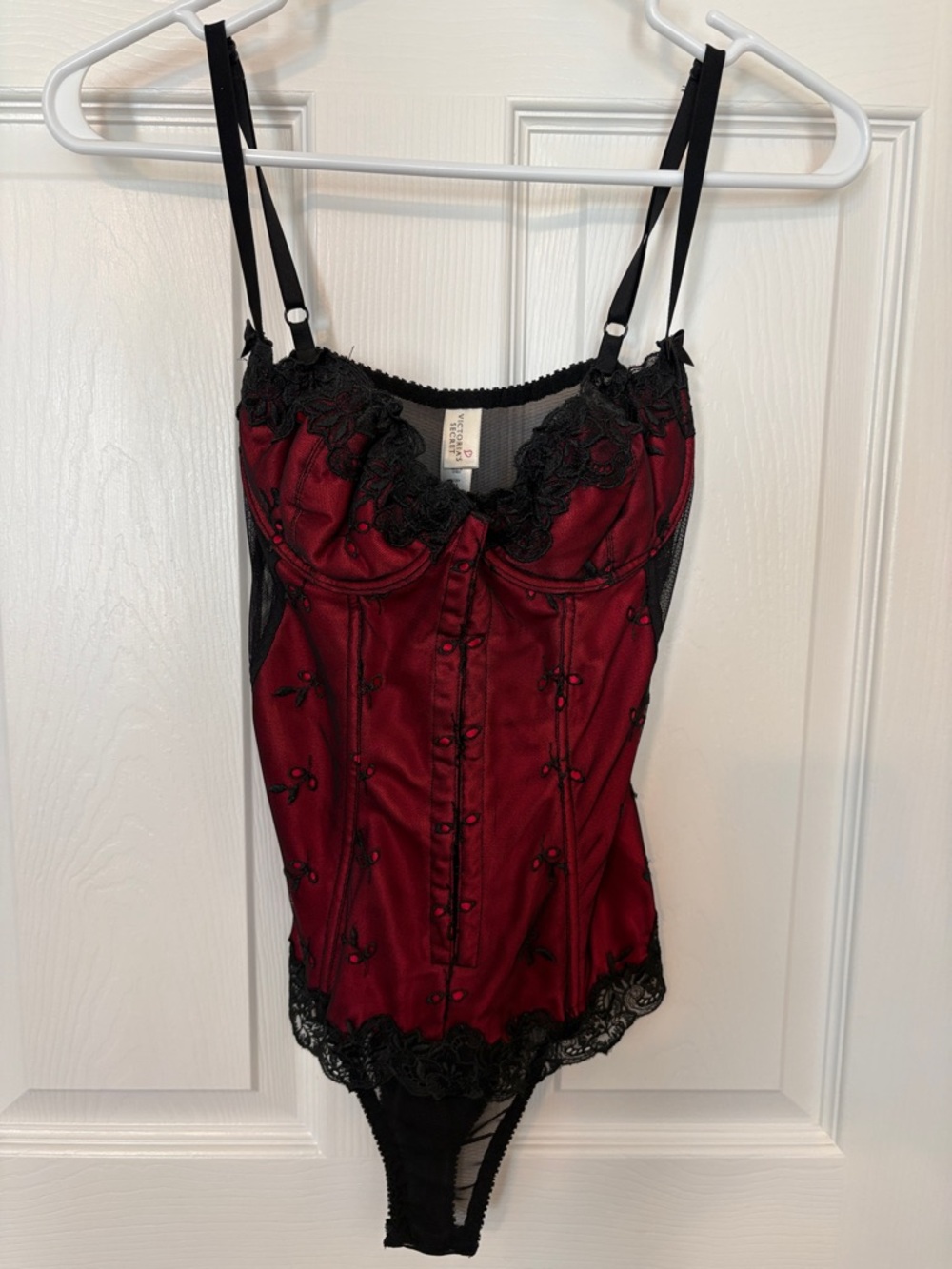 Victoria’s Secret Red and Black Satin Lace Bustier Bodysuit with Eye Hook Front